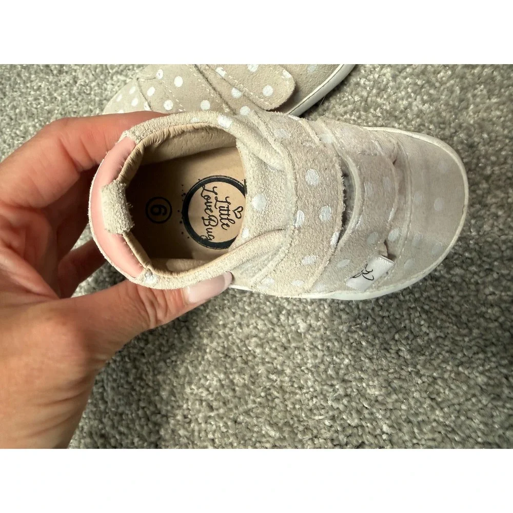 Little Love Bug Polka Dot Suede Minimalist Shoes Tan Pink Size 6 Toddler